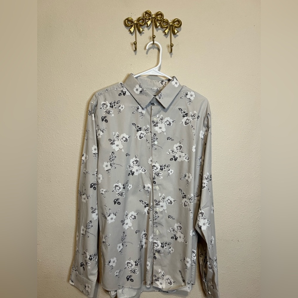 Express 1MX Extra Slim Stretch Gray Floral Men's Button Down Shirt. Size XL